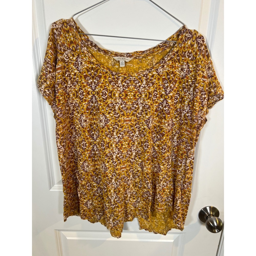 Lucky Brand Womens‎ Top Paisley Floral Split Back Mustard Yellow Size L